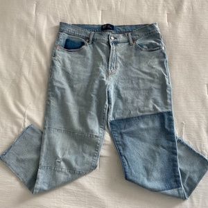 GAP Denim Women's Blue Jeans Girlfriend Size 14/32 Patches and Frayed Bottoms